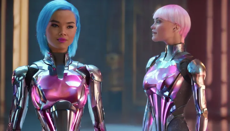 there is a woman in a silver suit with pink hair, barbie cyborg, cyborg - girl with silver hair, cyborg - girl, cyborg fashion model, cyborg fashion shot, cyborg girl, futuristic look, cyborg woman, cyber universe style, cybersuit, elle fanning as an andro...