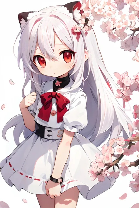 Anime style, anime girl, Chibi style, Chibi Girl, Little Chibi, Sweet girl, hairlong, white colored hair, red-eyes, Cherry blossom background, whitebackground, whitebackground, Simple background