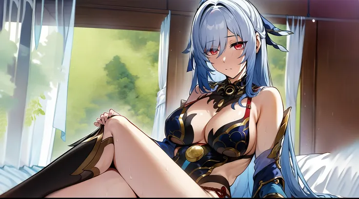 2D, HD, Detailed details, Detailed landscapes, beautiful lights, Beautiful Shadows, top-quality, Highly detailed, masterpiece, best quality, solo, 1girl, JingliuV5, red eyes, long hair, looking at the viewer, anime-styled, (large breasts), close mouth, hew...