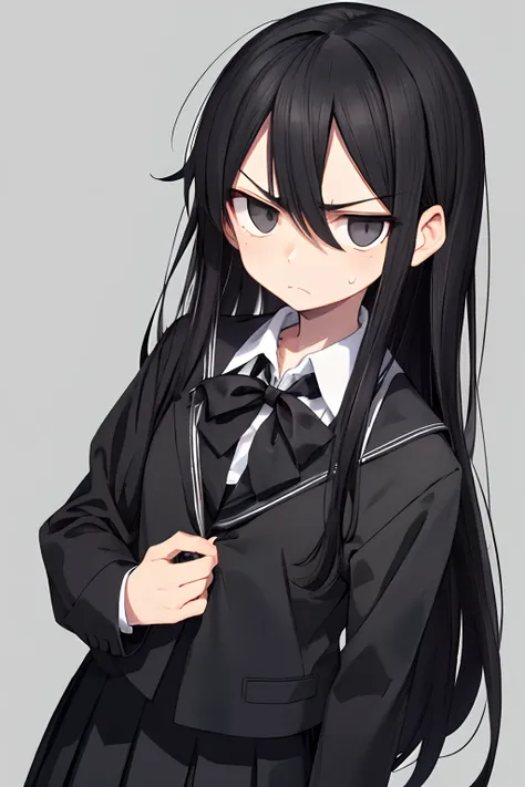 black  hair, long black hair, quiff, gray eyes, An indifferent look, emotionless, furrowed brow, high school uniform, black school uniform, black clothing