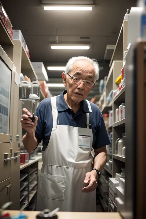 75-year-old grandfather、Investigador con bata blanca、apariencia々Escena de un laboratorio con equipos、Small, short figure、