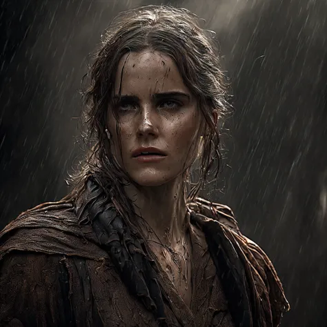 NUDE; (Cinematic Photo:1.3) of (Ultra detailed:1.3) photo of the most beautiful artwork in the world featuring soft lustrous, ((epic heroic fantasy slim rugged wet wounded hero female portrayed by Emma Watson Age 30; angry looking with long hair and fierce...