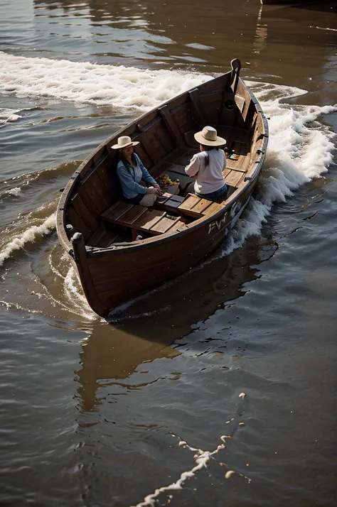 A terrible flood ravages the entire earth. A small boat with a family floats on the rough waves.