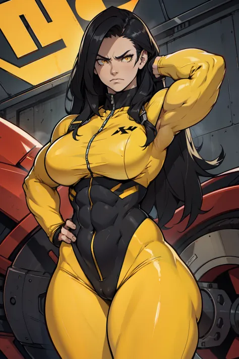 (1 girl muscular toned body pale skin) black hair very long hair angry yellow eyes thick thighs huge breasts bodybuilder pilot suit wide hips