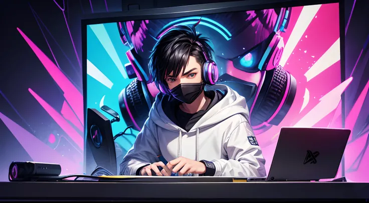 cartoon of a man in a realsitic awesome hoodie sitting at a desk with a microphone, discord profile picture, cyber aesthetic, the encrypted metaverse, art depicting control freak, background artwork, vaporwave cartoon, black hair, rapping into microphone, ...