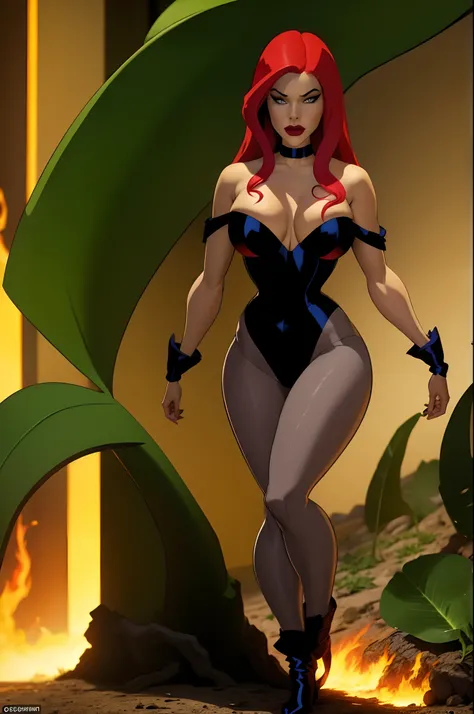 Poison ivy dc comics e Arlequina dc comics, Backgroud there is a huge carnivorous plant and the burning ground, detailed, high definicion, obra prima