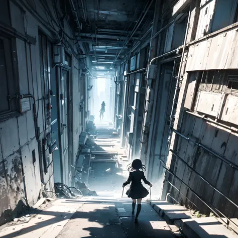 Visualization of city in Four-dimensional Space, black background, with people trying survive in them, danganronpa art style  . eerie, conflict against despair terrorist. 21st century . energetic , clear out-lines , unclean like texture. dark , enviroment ...