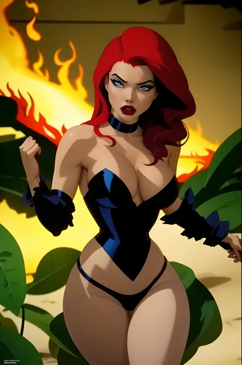 poison ivy dc comics e arlequina dc comics, backgroud there is a huge carnivorous plant and the burning ground, detailed, high d...