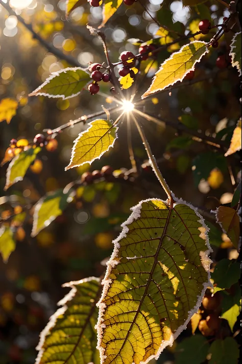 macro, autumn leaves, covered with a thin layer of frost, cinematics light, ray of light, bokeh