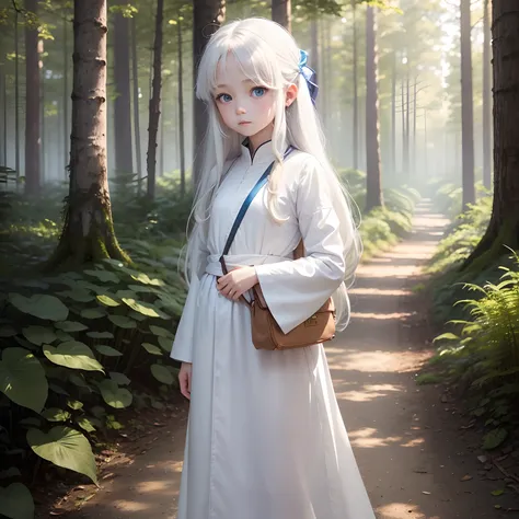 In the background in the forest, a beautiful girl name is May, 8-year-old girl with blue eyes, long white hair, wearing a white tunic, On the waist there is a small bag, Confident face