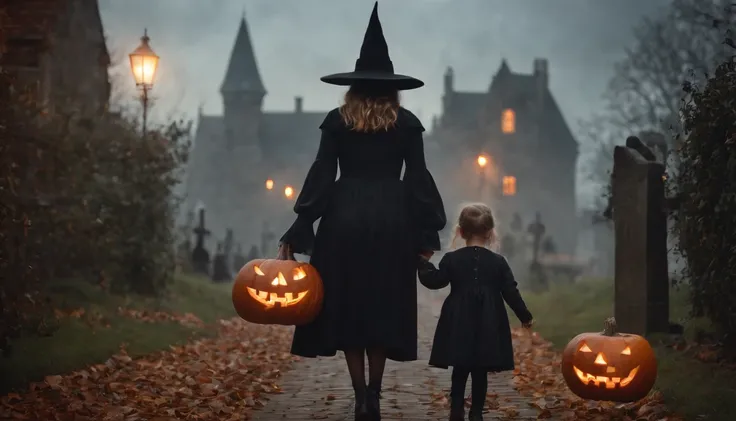 Halloween in the Haunted City with a Witch and Children