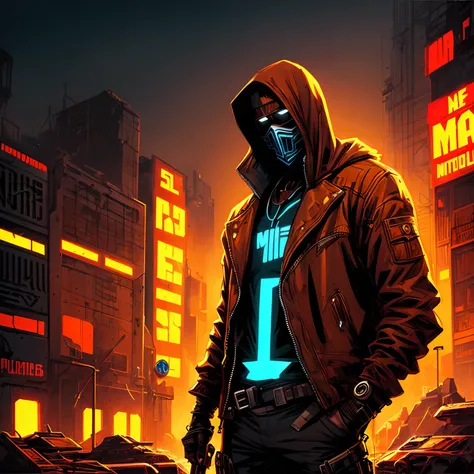 Man standing with the hood down, revealing his face and his brown skin in a cyberpunk apocalyptic world, Digital painting, Comic book style, Artistation, Meticulous details, Neon colors, Intriguing atmosphere