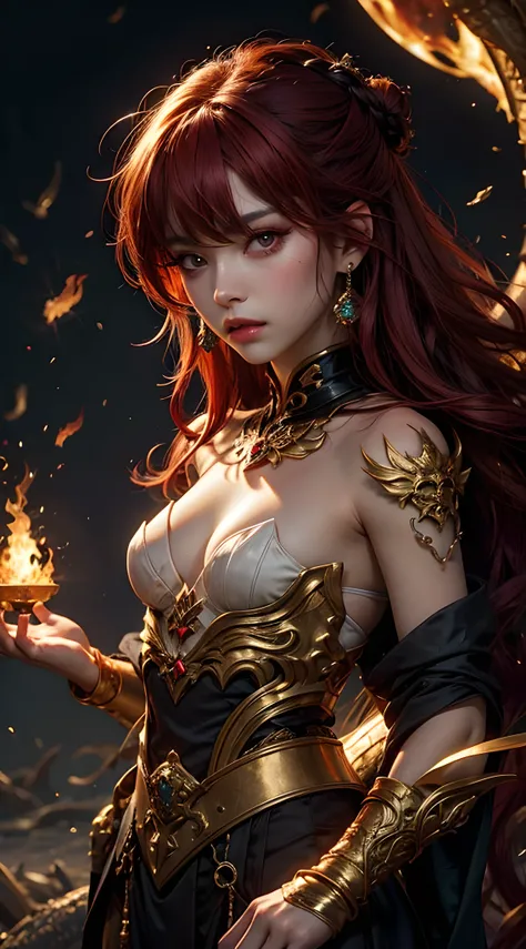 young Dragon-Girl, (deep red hair), big hair, portrait, double eyelid, serious face, small breast, deep dark eyes, Princess of Dragons, Dynasty of fire