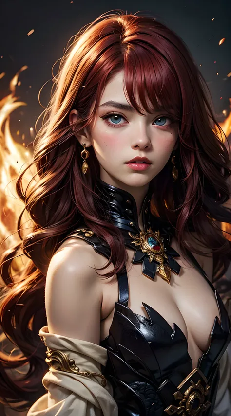 young Dragon-Girl, (deep red hair), big hair, portrait, double eyelid, serious face, small breast, heterochromia, one yellow eye, Princess of Dragons, Dynasty of fire