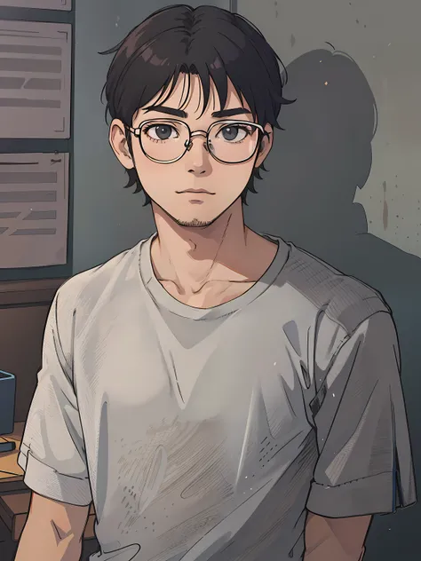 (best-quality:0.8), perfect anime illustration, arafed young man with glasses and a gray shirt posing for a picture, mid shot portrait, south east asian with round face, with glasses on, medium close up