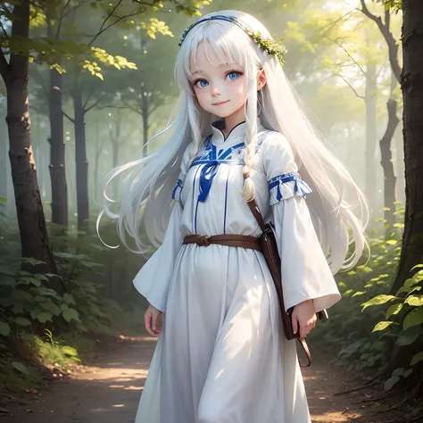 In the background in the forest, a beautiful girl name is May, 8-year-old girl with blue eyes, long white hair, wearing a white tunic, On the waist there is a small bag, Smiling face