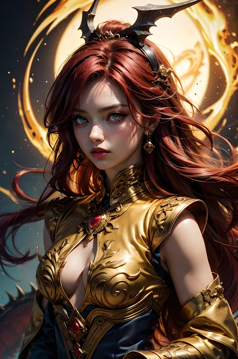 young Dragon-Girl, (deep red hair), big hair, portrait, double eyelid, serious face, small breast, heterochromia, one yellow eye, Princess of Dragons, Dynasty of fire