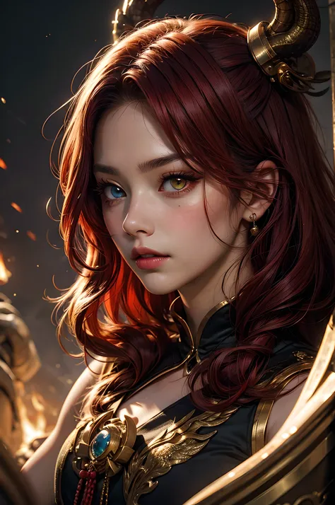 young Dragon-Girl, (deep red hair), big hair, portrait, double eyelid, serious face, small breast, heterochromia, one yellow eye, Princess of Dragons, Dynasty of fire