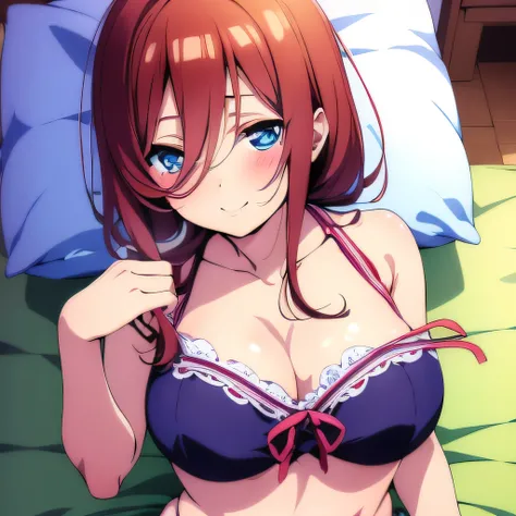 ((masutepiece)), ((Best Quality)), (Ultra-detailed), Anime style, look down from above, on the bed, Cute little girl s, 1girl in, Solo, underwear00, ((Beautiful eyes)), large full breasts, Smile