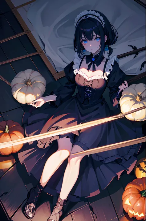 Dark hair　blue eyess　poneyTail　borgar　Halloween　maid clothes　Witchs broom　pumpkins　​masterpiece　Top image quality　Clear　anime colours　cinematic shadow　Increased attractiveness of the eyes　Clear the shine of the eyes　Draw eyelashes neatly　Perfect Eye　A deta...