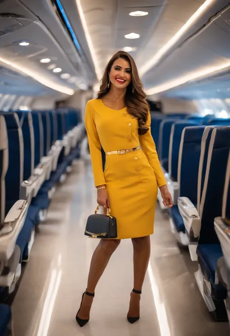 jovem 18 anos, Beautiful, (Novo) inspirado em prostituta, Flight attendant, corpo escultural, Cabelo longos, cabelos loiros , confident expression, (Vestido com uniforme de prostituta), com detalhes em dourado, passeando elegantemente pelo corredor da cabi...