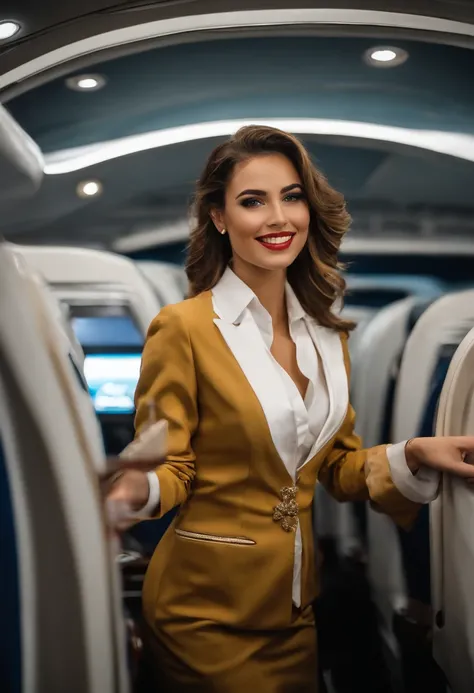 jovem 18 anos, Beautiful, (Novo) inspirado em prostituta, Flight attendant, corpo escultural, Cabelo longos, cabelos loiros , confident expression, (Vestido com uniforme de prostituta), com detalhes em dourado, passeando elegantemente pelo corredor da cabi...