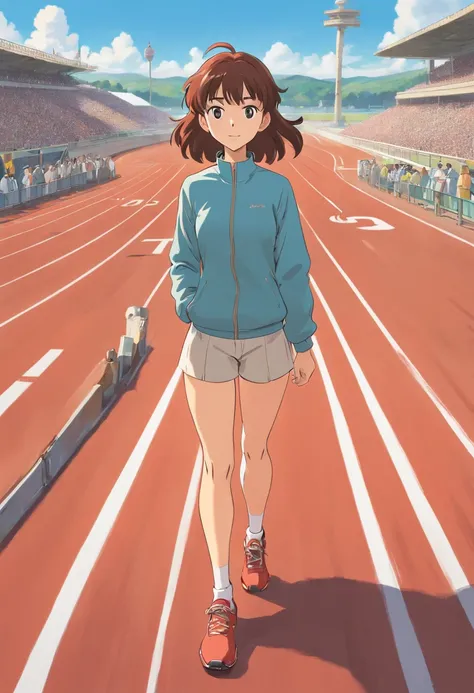 A woman stands at the starting line of a racetrack, pronto para sprint. This indicates that she has strong execution skills and is ready to take action.