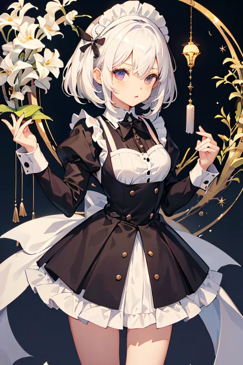 Maids,white  hair,small tits,Short stature,24 year old,Tsuriformes,Gemini,1girl in,white lilies