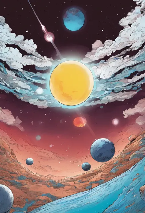 view from space, Estilo anime, A water planet with 3 moons