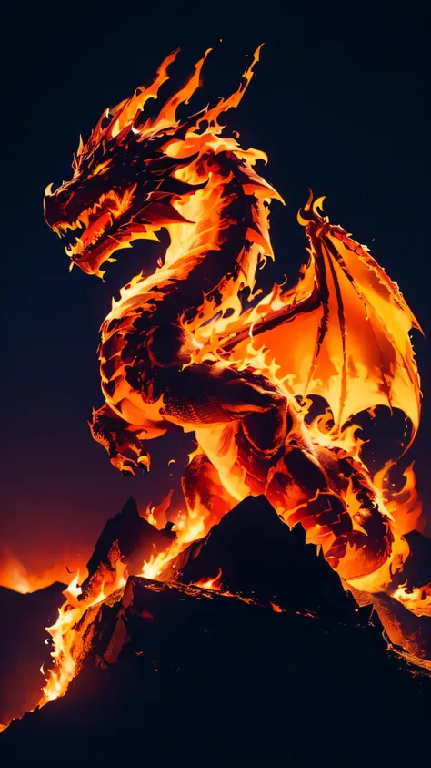 photo of a dragon made of fire sitting on a mountain, cinematic, intricate, night sky background