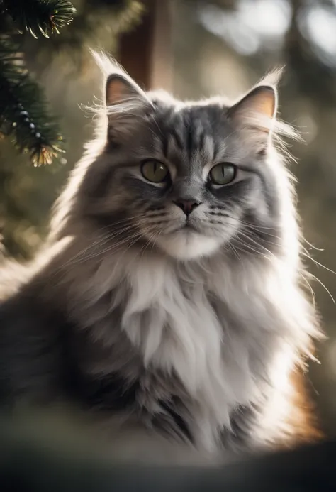 Giant fluffy silver and black Siberian Cat, snow and pine trees background, bright sunlight