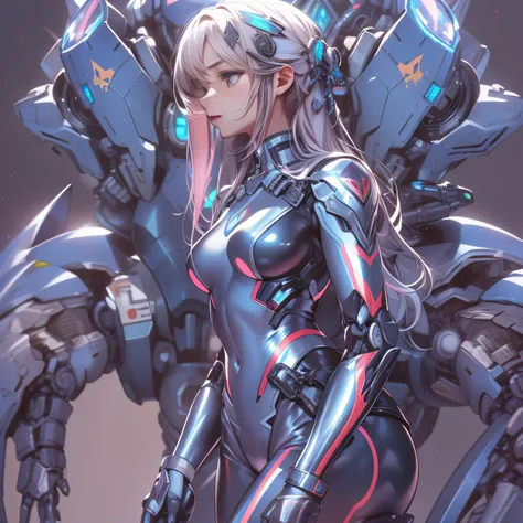 1 human girl, big hip, (medium breasts with covered )+++, (hologram+ mecha heavy armor)++++, on (psychederic+ latex skinny shiny glossy suit)++++, from side view below, , ecstasy,