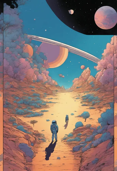 view of space, Estilo anime, Um planeta azul gigante, com 3 luas