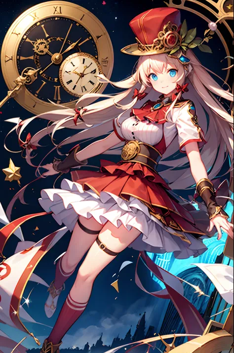 (yukka ende), yukka uniform, red silk hat, red small hair bows, blonde hair, blue eyes, clock tower, stand on the roof of clock ...