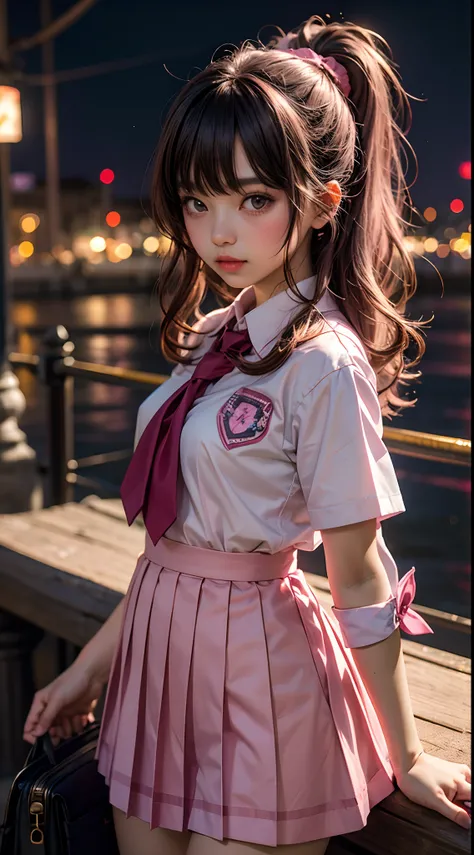 kawaii pink silk girl, school uniform, pink color-theme, in darkness