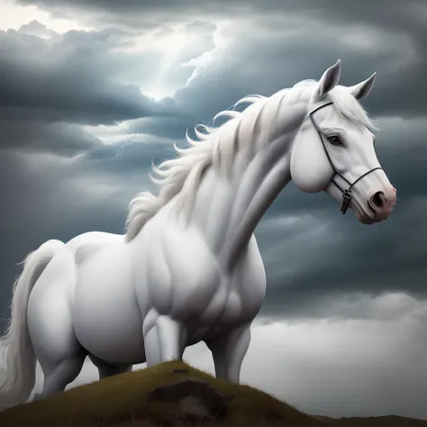 A logo of a white horse on a hill with a dark storm brewing behind