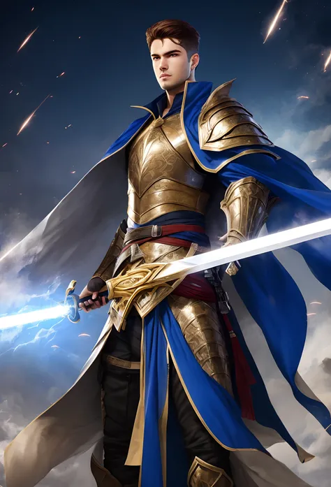 25 year old male Lazer sword fighter wearing light armor over blue robes with Arabic influence