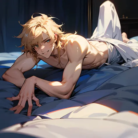 Highest accuracy，A lanky man wearing only a bedsheet, Lying on the bed, Shirtless, pale skin, blond hair, messy hair, Lower body details，Thick pubic hair，The handsome face of youth，smiling，dangerous smile, glowing eyes, Background details are exquisite, mo...