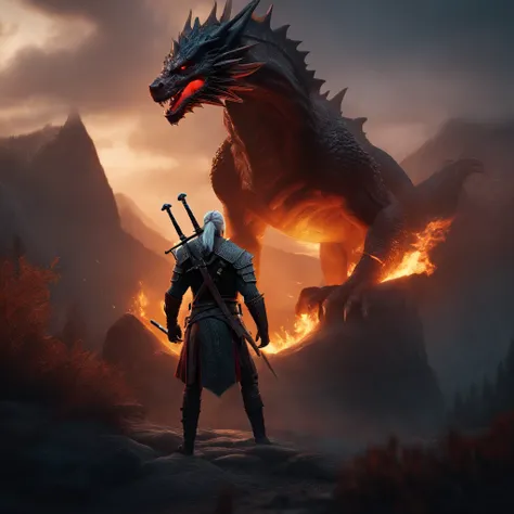 masterpiece, best quality, high quality, extremely detailed CG unity 8k wallpaper, Depth of Field, HDR, Photorealistic, extremely detailed, Intricate, High Detail, silhouettes of the Witcher fighting a dragon.