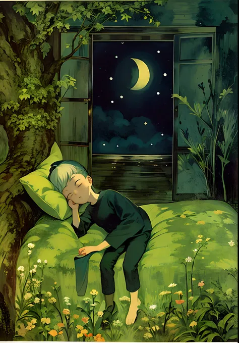 Painting of a woman sleeping in a bed with a night sky in the background, noite calma. digital illustation, inspirado em Raymond Briggs, .. Se eu pudesse dormir, Directed by: Maki Haku, Directed by: Yuko Tatsushima, illustration!, Directed by: Katerina Wil...