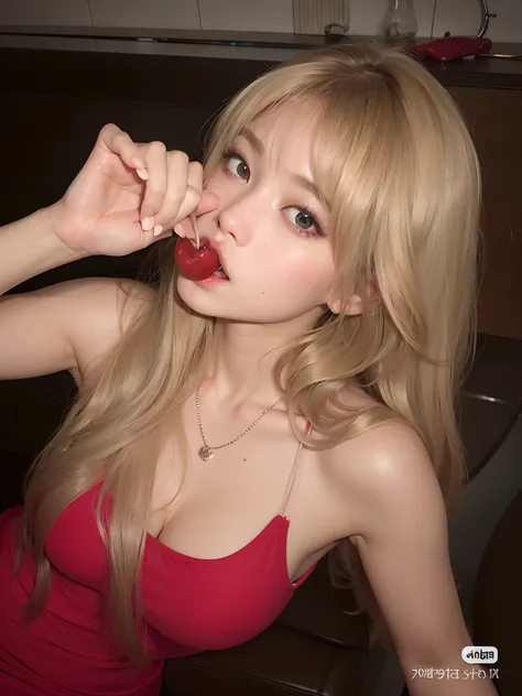 Mujer rubia en vestido negro comiendo una cereza, ulzzang, con cabello largo y rubio, Un melocoton jugoso similar al humano, Capturado con Canon EOS R 6, Jinyoung Shin, Sha Xi, pale fair skin!!, tumblr, Taejune Kim, cereza