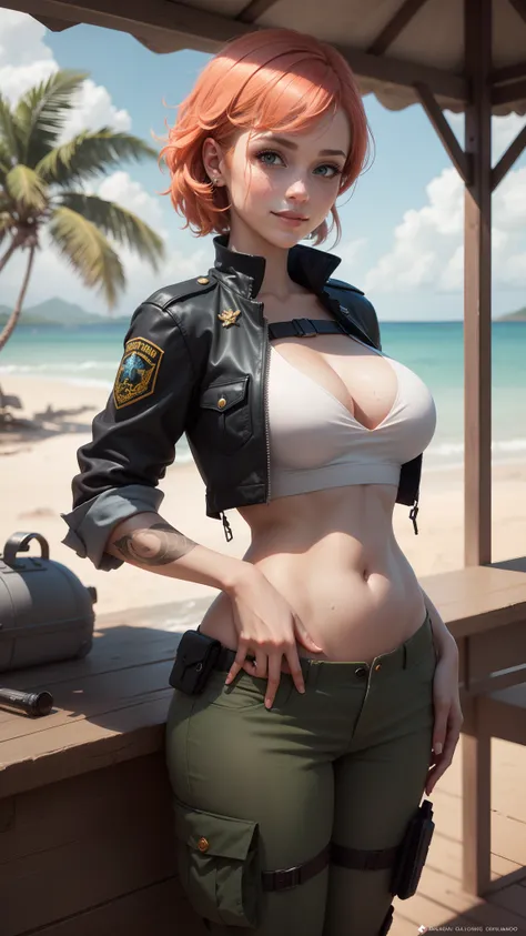 gwen tennyson,1girl,tracer,yshtola rhul,yorha 2b,atelier ryza,resident evil,close up,mecha pilot,ocean view, tattoos,red and orange plugsuit,white short sleeve silk top,light gray cargo pants,uncovered belly,short hair,cute makeup,green eyes,golden hair wi...