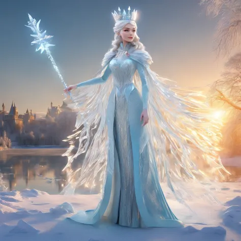 an ice queen in a kingdom,high definition,rich in details,Icy blue eyes,elaborate ice crown, flowing white hair,glistening frost patterns on the face,sparkling, snow-covered landscape,cold, majestic castle,delicate snowflakes falling,subtle shimmering auro...