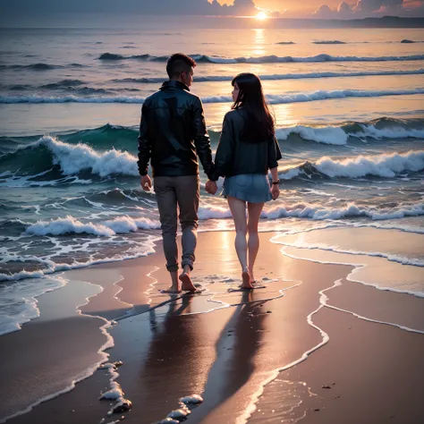 A beautiful black sand beach in the evening little dark and a couple is walking holding hands near ocean and the waves are washing their feet and everything around is beautiful and romantic in the view --auto --s2