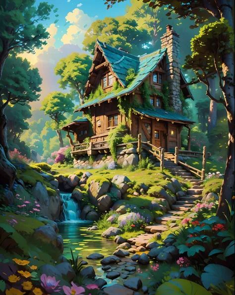 a wooden cottage, built on the right side of a small waterfall that flows into a lake on the left side surrounded by rocks and f...