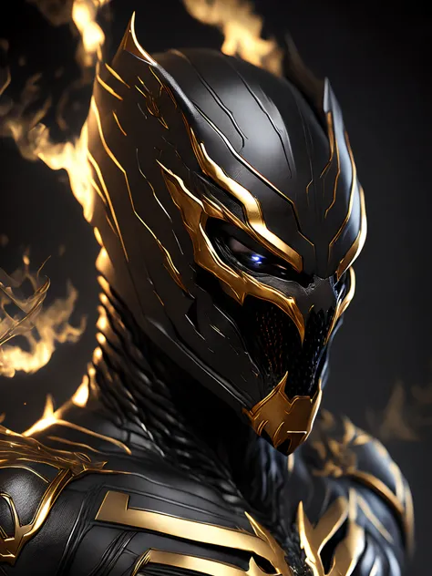 Close-up ( Steal metal black and gold venom from Marvel in Goth style: 1.3) emerging from the reflective steal metal, extremely detailed, smoke, sparks, metal shavings, flying debris, volumetric light