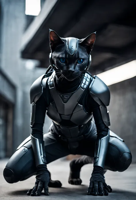 dramatic shot of a futuristic humanoid ninja cat, stealth, cinematic stealth, detailed context hyper-detailed photography, natur...