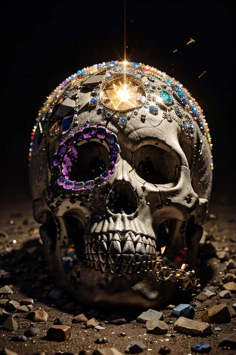 A multi-colored skull made in diamonds explodes as it falls to the ground, detailed and textured pieces flying in all directions