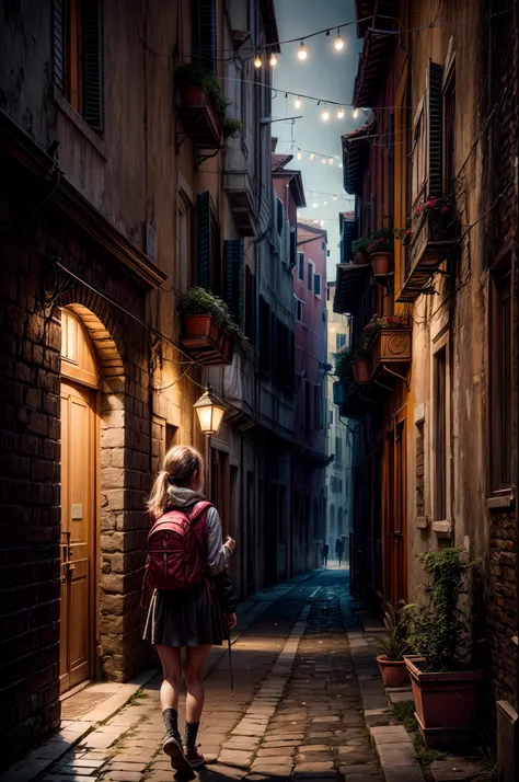 Amidst the ancient streets of Venice, a girl with a backpack covered in crystal shards explores the citys labyrinthine alleyways, her journey illuminated by the soft glow of antique streetlamps, capturing the blend of history and mystique in a single photo...