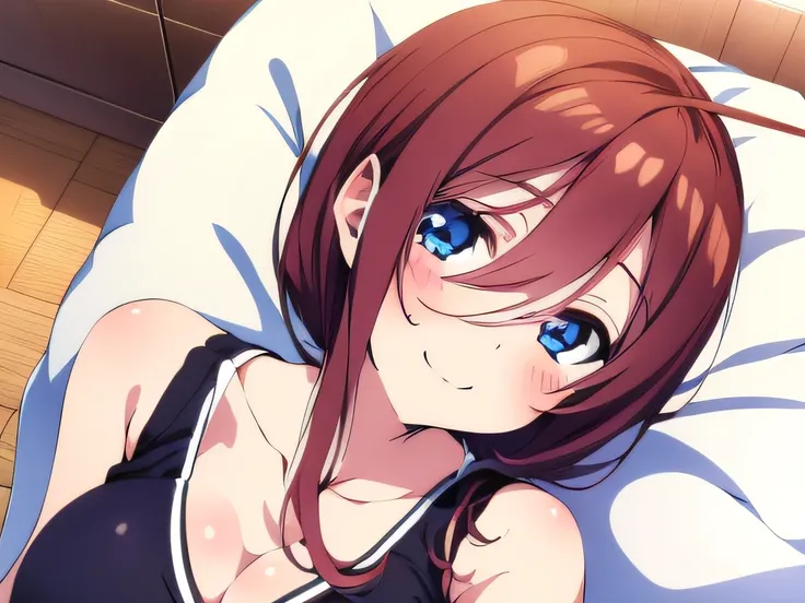 ((masutepiece)), ((Best Quality)), (Ultra-detailed), Anime style, look down from above, on the bed, Cute little girl s, 1girl in, Solo, underwear00, ((Beautiful eyes)), large full breasts, Smile